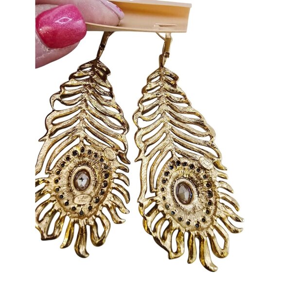 Fabulous NOS Kenneth Lane Ballotini Huge Peacock Feather Pierced Earrings - Picture 7 of 8